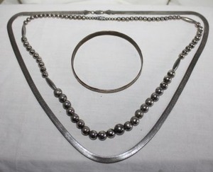 lot 233 image: Jewelry Silver necklaces and bangle bracelet, no markings, please preview