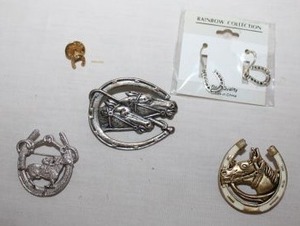 lot 254 image: Jewelry Horseshoe brooch pins, earrings, and tie tack