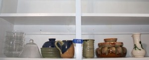 lot 54 image: Pottery mugs and bowls, plus clear glass bowls