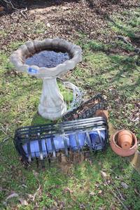 lot 265 image: Cement bird bath and plant holders