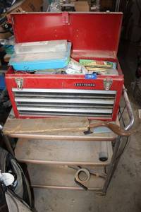 lot 340 image: Craftsman toolbox with metal cart, see tools in photos