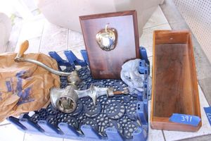 lot 391 image: Vintage meat grinder, blue crate and Misc.