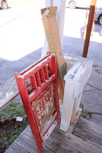 lot 381 image: Vintage folding wooden chairs and projector screen