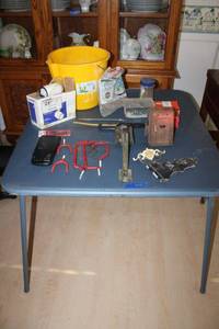 lot 416 image: Misc. tools and Hardware plus folding card table