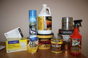 lot 435 image: Misc. cleaners, wood stain, Quikrete, and Law flashcards set PICKUP AT GRAND PRAIRIE LOCATION