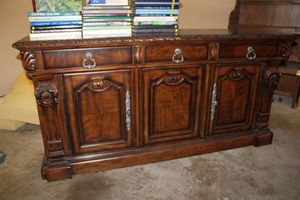 lot 437 image: Solid wood China Credenza cabinet. Features felt lines drawers and flatware slots. See photos. PICKUP AT GRAND PRAIRIE LOCATION