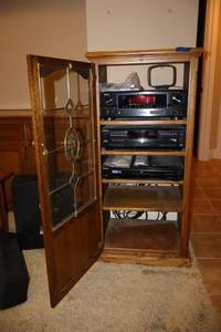 lot 445 image: Denon stereo system with cabinet PICKUP AT GRAND PRAIRIE LOCATION