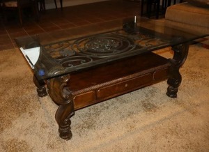 lot 452 image: Ashley Furniture Margilles Glass top coffee table PICKUP AT GRAND PRAIRIE LOCATION