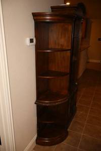 lot 444 image: Corner curio cabinet with wood shelves PICKUP AT GRAND PRAIRIE LOCATION
