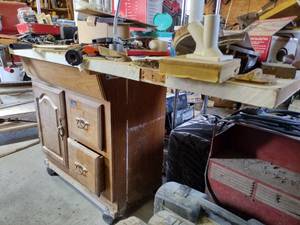 lot 352 image: Homemade rolling cabinet work table (not contents)