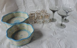 lot 21 image: 2 QVC Bowls  3 smoke gray Champagne Glasss 6 shot Glasses with gold markings and trim low handles 1.5 oz