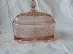lot 22 image: vintage tiara Indiana glass pink coral covered dish bee hive pattern candy dish  has small crack shown in pic.