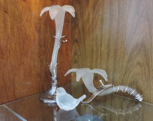 lot 25 image: Frosted glass flower vases  with silver plate or sterling silver and small frosted class bird