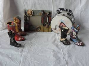 lot 53 image: western set one frame and 5 boot figures and small hand bag see pictures one boot has marks on the one side