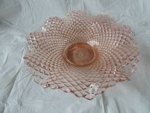lot 8 image: Vintage Westmoreland Glass Pink English Hobnail Ruffled Edge Bowl, Likely Produced in the 1950s