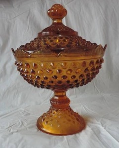 lot 94 image: VTG Fenton Colonial Amber Hobnail Jar Candy Dish WLid  Please check all pic for flaws