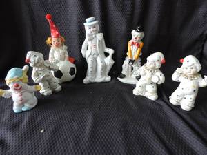 lot 103 image: Vintage Glazed Ceamic Circus Clowns Polka Dot Outfit Gold Leaf Painted,Bank Clown,and others see pic for more info