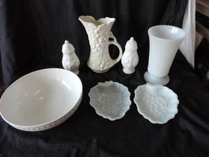 lot 113 image: Grapes and Leaves Pitcher Vase and salt and pepper shakers and 2 Hazel Atlas Harvest Grape Pattern White Milk Glass nut or candy  Dishs and more see pic