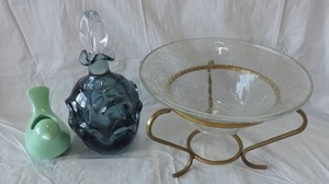 lot 137 image: Decanter 1960s Deep Blue Glass Thumbprint patten and Crackled Glass Bowl with Stan also a small bird figure