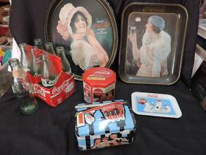 lot 150 image: Coca-Cola lot 3 trays one small 2 large 7 Coca-Cola bottles 2 tins