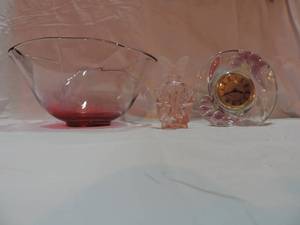 lot 202 image: Ruffled Bowl  pink butterfly perfume bottle  clock with glass flowered holder