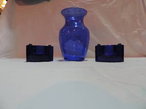 lot 218 image: blue vase and blue candle holders