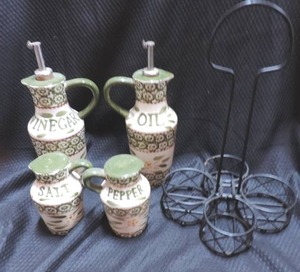 lot 224 image: vinegar and oil salt and pepper set with caddy holder