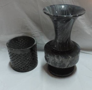 lot 229 image: heavy black marble Egyptian vase vintage art deco with small marble vase