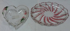 lot 233 image: Vintage Christmas heart shaped glass dish with frosted and colored 3-D accents  Glass Candy Dish, Candy Cane Swirl Glass, Red and White Decor