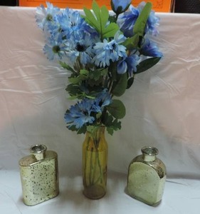 lot 270 image: mixed lot 2 small glass painted gold speckled jars with a small yellow vase with artificial flowers