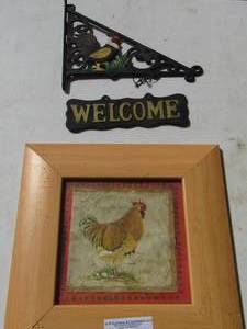 lot 66 image: rooster  metal welcome sign- rooster framed art