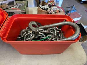 lot 87 image: Heavy Duty Tow Hook w Chain, Misc Straps & Plastic Ammo Case