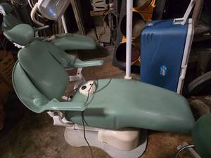 lot 130 image: LSM Electric Adjustable Height Dentist Chair w Light, Foot Controls & Matching Rolling Stool