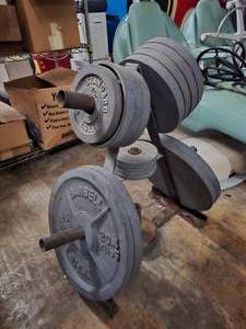 lot 142 image: Vintage Muscle Beach Era Olympic Cast Iron Barbell Plates w Rack