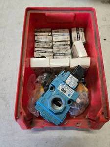 lot 176 image: Tote Full of NEW Pneumatic Valves, Solenoid, Taper-Lock Bushings & More