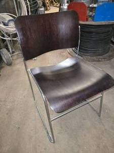 lot 241 image: NEW Lot of 50 Chrome & Mahogany on Walnut Stacking Chairs w Steel Chair Storage Rack.  Chrome Frame w Wood Seat & Back