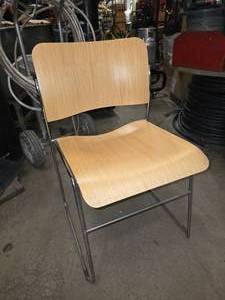 lot 242 image: NEW Lot of 50 Chrome & Natural Oak Stacking Chairs w Steel Chair Storage Rack.  Chrome Frame w Wood Seat & Back
