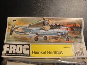 lot 22 image: 3 Collectible 172 Scale Plastic Model Kits, 1-Frog International Heinkel He 162A-F401F, 1- RAK.1 Hatryopel Pioneer Rocket Plane, 1- Huma Henschel Hs 132, Kilianstadter Str. 9, in Storage Box 3 X Money