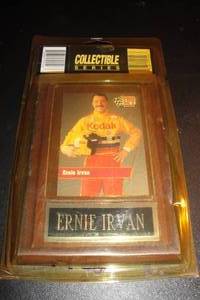 lot 73 image: Removable  Ernie Irvan Collector Card in Plastic Sleeve Mounted to Wall Plaque. In Plastic Package.