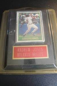 lot 113 image: Topps Removable Atlanta Braves, Andrue Jones Collectors Card in Plastic Sleeve Mounted on Wall Plaque