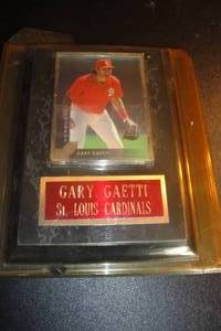 lot 141 image: Removable St. Louis Cardinals, Gary Gaetti Collector Card in Plastic Sleeve Mounted on Wall Plaque.