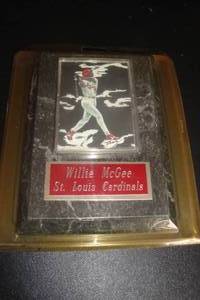 lot 149 image: Removable St. Louis Cardinals, Willie McGee Collector Card in Plastic Sleeve Mounted on Wall Plaque