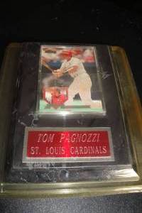 lot 157 image: Donruss Removable St. Louis Cardinals, Tom Pagnozzi Collector Card in Plastic Sleeve Mounted on Wall Plaque, Sealed in Package