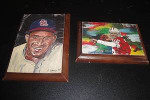 lot 188 image: 2- Prints Mounted on Wall Plaque, 1-Stan Musial, St. Louis Cardinals, Print size About 4x6, 1- Joe Montana, #16 San Francisco 49ers Print Size About 3 14x 5