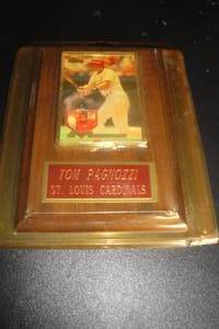 lot 191 image: Donruss Removable St. Louis Cardinals, Tom Pagnozzi Collector Card in Plastic Sleeve Mounted on Wall Plaque