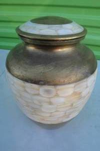 lot 50 image: Large Terry Bear Brass with Mother of Pearl Inlay VaseUrn With Lid, Made in India,  About 9x7
