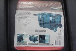 lot 58 image: Husky 37 50 Gal. Mobile Job Box With Metal Latches, 8 Wheels, Retractable Handle, Removable Tool Caddy, No Key, About 23x37x23
