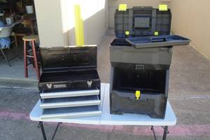 lot 201 image: 2-ToolBoxes, 1- Metal Performax Three Drawer and Top Shelf Tool Box, 1- Stanley Rolling Tool Box, Lower Cabinet, Upper Drawer With Removable Tool Tray, Folding Handle,  2 X Money