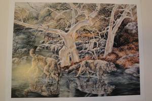lot 175 image: Wolf Pack At Watering Hole Print, (Unknown Print Name) By Sheila Sommerville, About 27x20