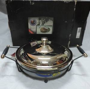 lot 23 image: Serving bowl with silver lid new in box opened for pic see the shape of box in pic